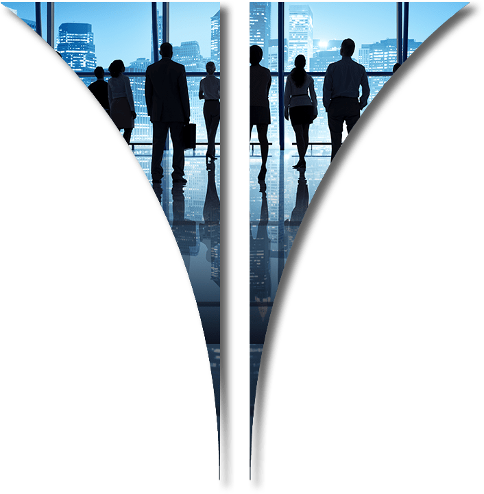 Businesspeople looking out over blue city skyline