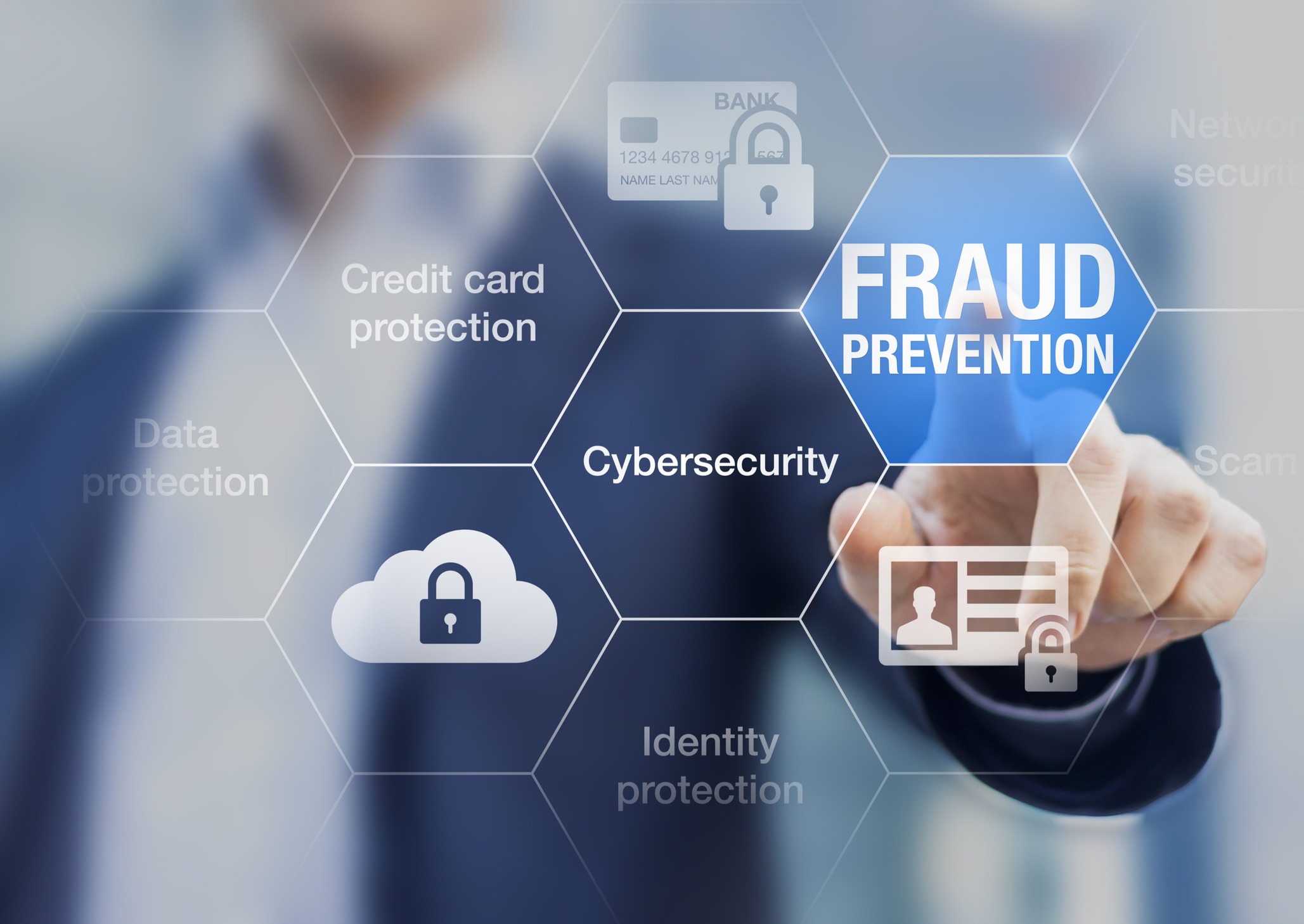 Fraud prevention button, concept about cybersecurity, credit card and identity protection against cyberattack and online thieves